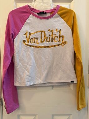 Von Dutch Women’s Large Embroidered Pink Yellow Crew Neck Long Sleeve Raglan Tee